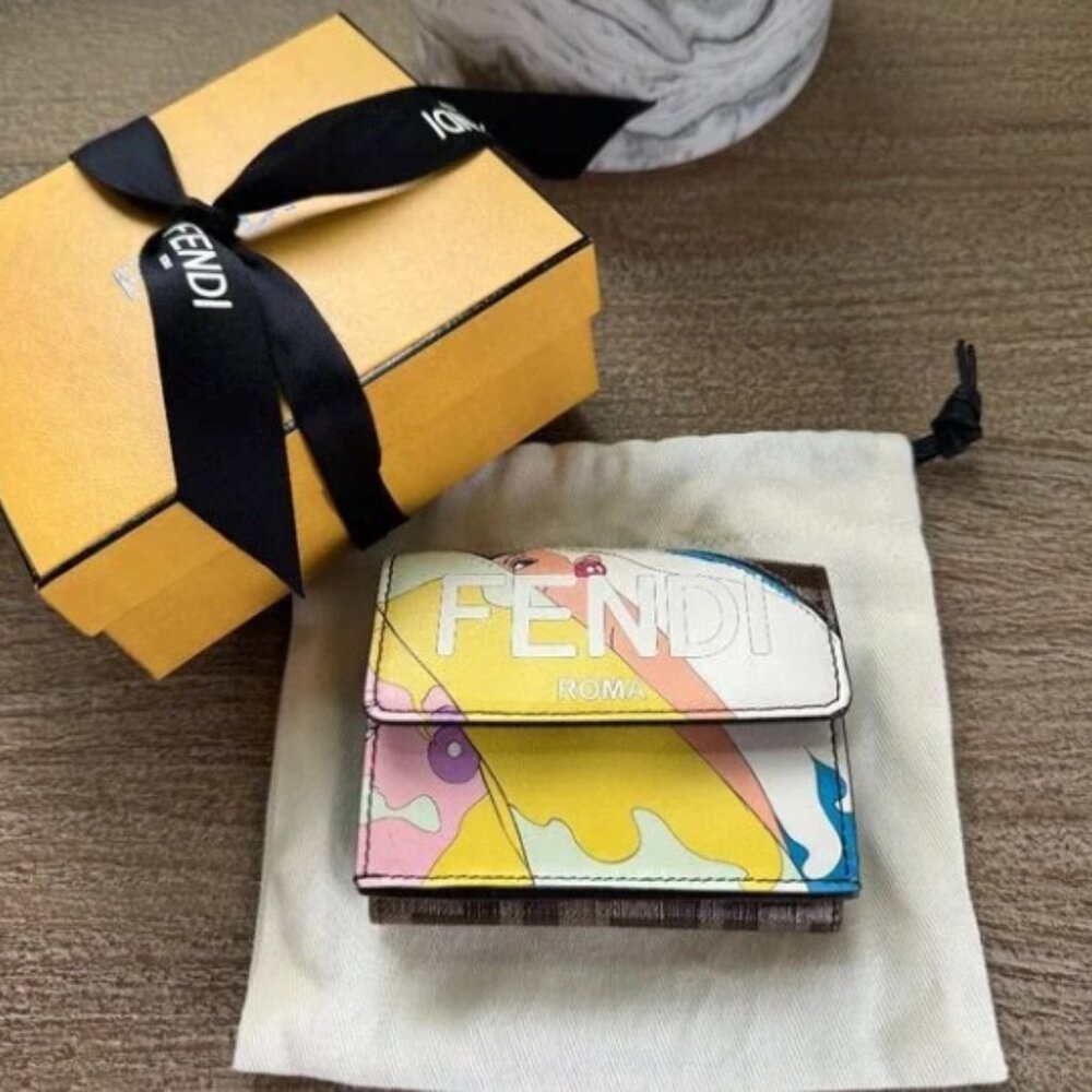 Authentic Fendi Micro Trifold Wallet Limited Edition Multicolor Print